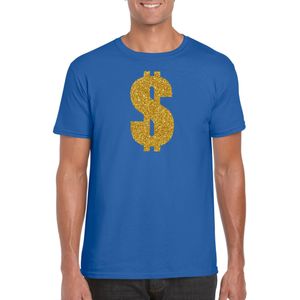 Verkleedkleding gangster / gouden dollar t-shirt blauw voor heren