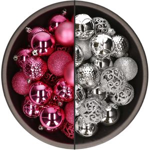 74x stuks kunststof kerstballen mix van fuchsia roze en zilver 6 cm