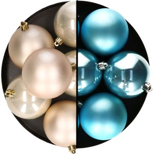 Decoris kerstballen - 12x st - 8 cm - champagne en blauw - kunststof