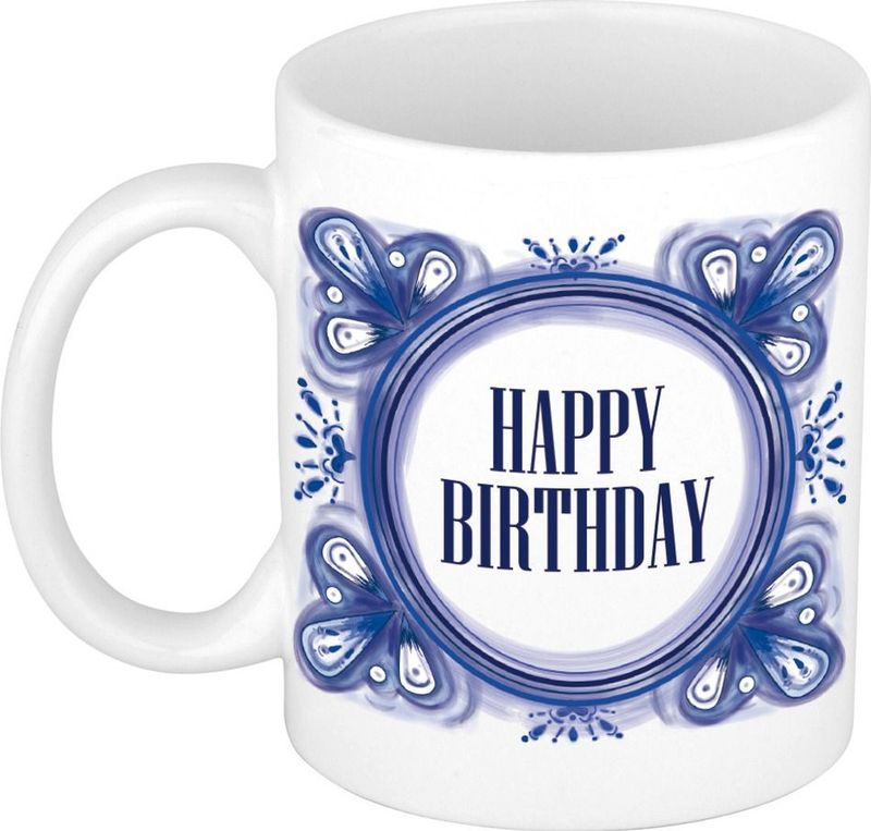 Bellatio Decorations Verjaardag cadeau mok - Delfts Blauw - happy birthday - 300 ml - keramiek