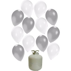 50x Helium ballonnen wit/zilver 27 cm + helium tank/cilinder