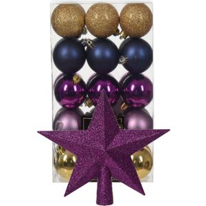 Kerstballen 30x - goud/blauw/paars- 6 cm -en ster piek paars- kunststof