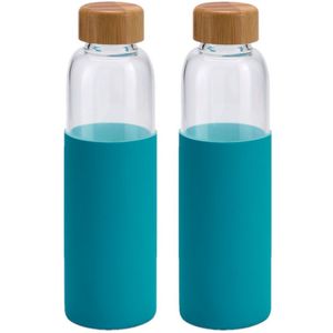 2x Stuks glazen waterfles/drinkfles met turquoise blauwe siliconen bescherm hoes 600 ml