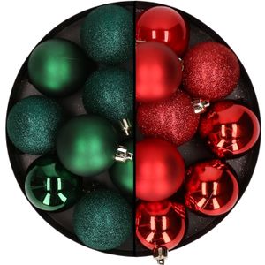 24x stuks kunststof kerstballen mix van donkergroen en rood 6 cm