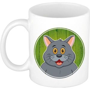 1x Grijze katten beker / mok - 300 ml - poezen dieren mok voor kinderen