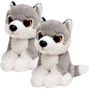 2x stuks pluche grijze wolf knuffel 13 cm - Wolven wilde dieren knuffels - Speelgoed voor kinderen