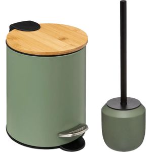 5Five Badkamerset - pedaalemmer en toiletborstel - kaki groen - 3L - badkamer accessoires