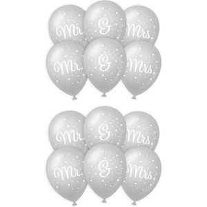 18x stuks Mr. &amp; Mrs huwelijks feest ballonnen - zilver/wit - latex - ca 30 cm