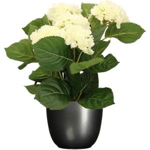 Hortensia kunstplant/kunstbloemen 36 cm - wit - in pot titanium grijs glans