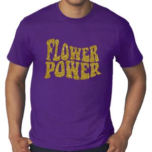 Paars t-shirt in grote maat heren met tekst Flower Power in gouden glitter letters