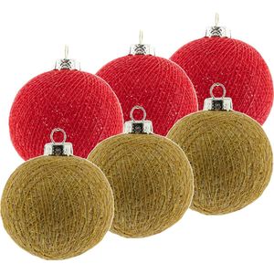 6x Rood/gouden Cotton Balls kerstballen decoratie 6,5 cm