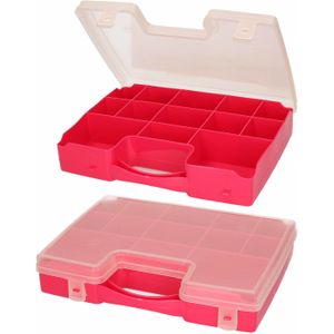 2x Opbergkoffertje/opbergdoosjes 13-vaks - fuchsia roze - Sorteerdoos/box - Opbergers - 27,5 x 20,5 x 3 cm
