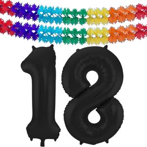 Leeftijd feestartikelen/versiering grote folie ballonnen 18 jaar zwart 86 cm + slingers