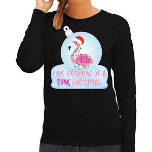 Zwarte Kersttrui / Kerstkleding I am dreaming of a pink Christmas voor dames met flamingo kerstbal