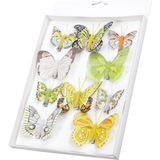 30x stuks decoratie vlinders op clip geel/groen 5 tot 8 cm