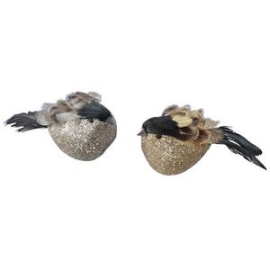 4x Decoratie vogels op clip oker/grijs 11 cm