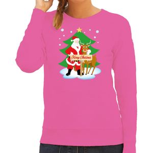 Bellatio Decorations Foute kersttrui/sweater dames - kerstman en rudolf - roze - Merry Christmas