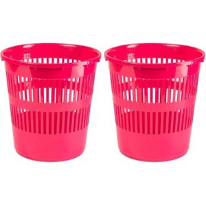 Plasticforte Afvalbak/vuilnisbak/kantoor prullenbak - 2x stuks - plastic - fuchsia roze - 28 cm