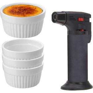 11-Delige creme brulee set met witte schaaltjes en een grijze brander