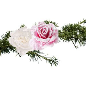 Cosy &amp; Trendy Kerst bloemen op clip - 2x st - roze en wit - 10 cm