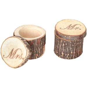 Chaks Bruiloft/huwelijk trouwringen boomstammetje hout - MR &amp; MRS - ringdoosje - D6 x H4 cm