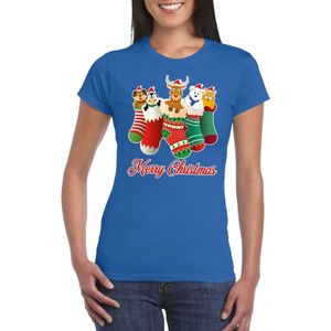 Foute kerstborrel t-shirt blauw kerstsokken met diertjes voor dames