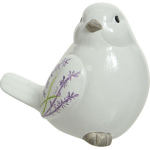 Decoratie dieren beeld vogel wit met lavendel bloemen met staart omlaag 9 cm