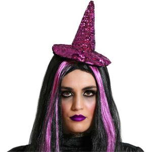 Halloween heksenhoed - mini hoedje op diadeem - one size - paars glitter - meisjes/dames