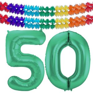Leeftijd feestartikelen/versiering grote folie ballonnen 50 jaar glimmend groen 86 cm + slingers