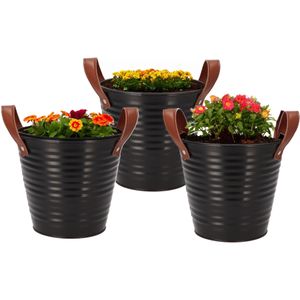 DK Design plantenpot/bloempot emmer Leather- 3x - zink - zwart - D16 x H15 cm