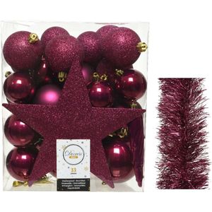 Kerstversiering kerstballen 5-6-8 cm met ster piek en folieslingers pakket framboos roze 35x stuks