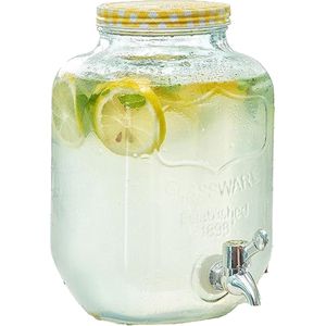 Glazen drankdispenser/limonadetap met geel/wit geblokte dop 4 liter - Tapkraantje