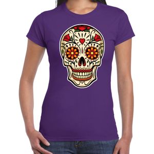Bellatio Decorations Sugar Skull t-shirt dames - paars - Day of the Dead - punk/rock/tattoo thema