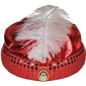 Verkleed Tulband hoedje met veer en diamand rood