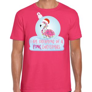 Roze Kerstshirt / Kerstkleding I am dreaming of a pink Christmas voor heren met flamingo kerstbal