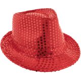 Funny Fashion Carnaval verkleed Trilby hoedje met glitter pailletten - 2x - rood - heren/dames