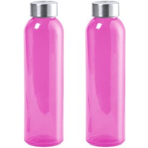 2x Stuks glazen waterfles/drinkfles fuchsia roze transparant met Rvs dop 550 ml