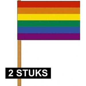 2x Regenboog zwaaivlaggetje/handvlaggetje 30 x 45 cm met houten stok