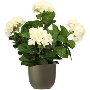 Hortensia kunstplant/kunstbloemen 45 cm - wit - in pot olijfgroen mat