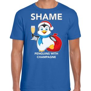 Blauw  Kerst shirt/ Kerstkleding met pinguin Shame penguins with champagne voor heren