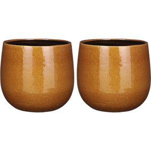 2x Stuks Plantenpot/bloempot keramiek okergeel speels licht gevlekt  patroon - D25/H20 cm