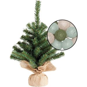 Mini kunst kerstboom groen met verlichting - in jute zak - H45 cm  - kleur mix groen