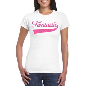 Bellatio Decorations Foute party t-shirt voor dames - Femtastic - wit - glitter - carnaval/themafeest