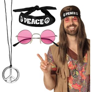 Boland Carnaval verkleed set Hippie - zonnebril/ketting/hoofband - heren