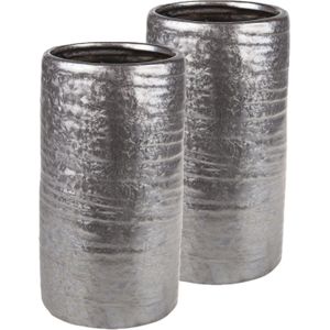 2x stuks cilinder vazen keramiek zilver/grijs 12 x 22 cm