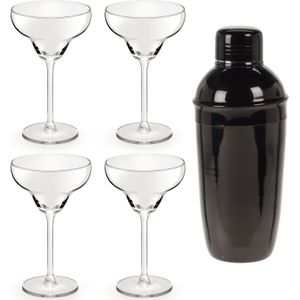 4x Cocktailglazen / Margarita glazen transparant 300 ml + Cocktailshaker zwart 500 ml RVS