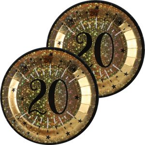 Verjaardag feest bordjes leeftijd - 20x - 20 jaar - goud - karton - 22 cm