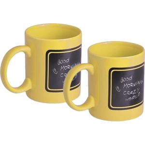 Luxe krijt koffiemok/beker - 2x - geel - keramiek - met zwart schrijfvlak - 350 ml