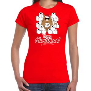Rood Kerstshirt / Kerstkleding hamsterende kat  Merry Christmas voor dames