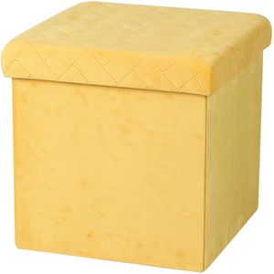 Urban Living Poef/hocker - opbergbox zit krukje - velvet geel - polyester/mdf - 38 x 38 cm - opvouwbaar